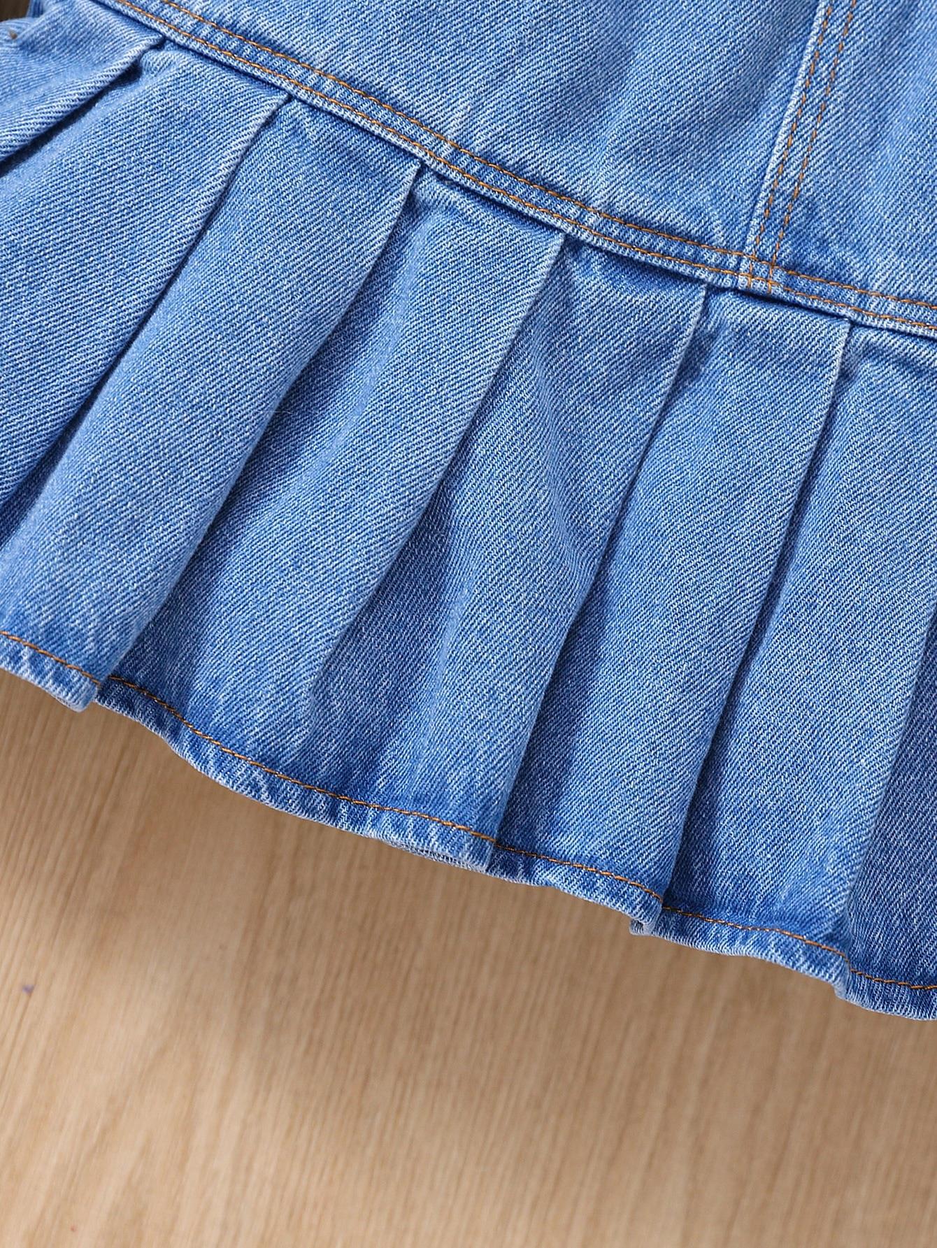 Abbigliamento per bambini 2024 Set di 3 pezzi con top con scollo a V e gonna in denim e cappello, per ragazze_voghion.com