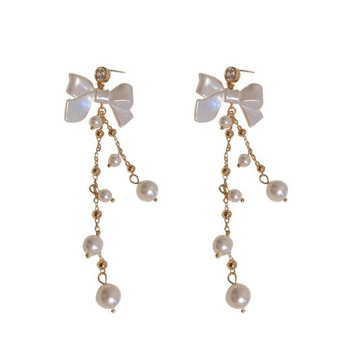Silver Needle French Retro Pearl Bow Tassel Earrings Korean Fashion Temperament Earrings Internet Celebrity Personalized Earrings for Women