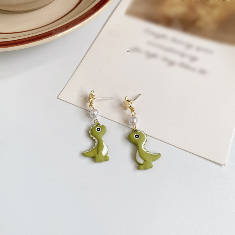 1 Pair Cute Dinosaur Stoving Varnish Imitation Pearl Alloy Drop Earrings display picture 4