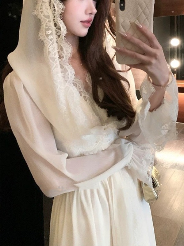杏色长款蕾丝连帽长袖连衣裙女秋季法式复古气质高级感裙子|undefined