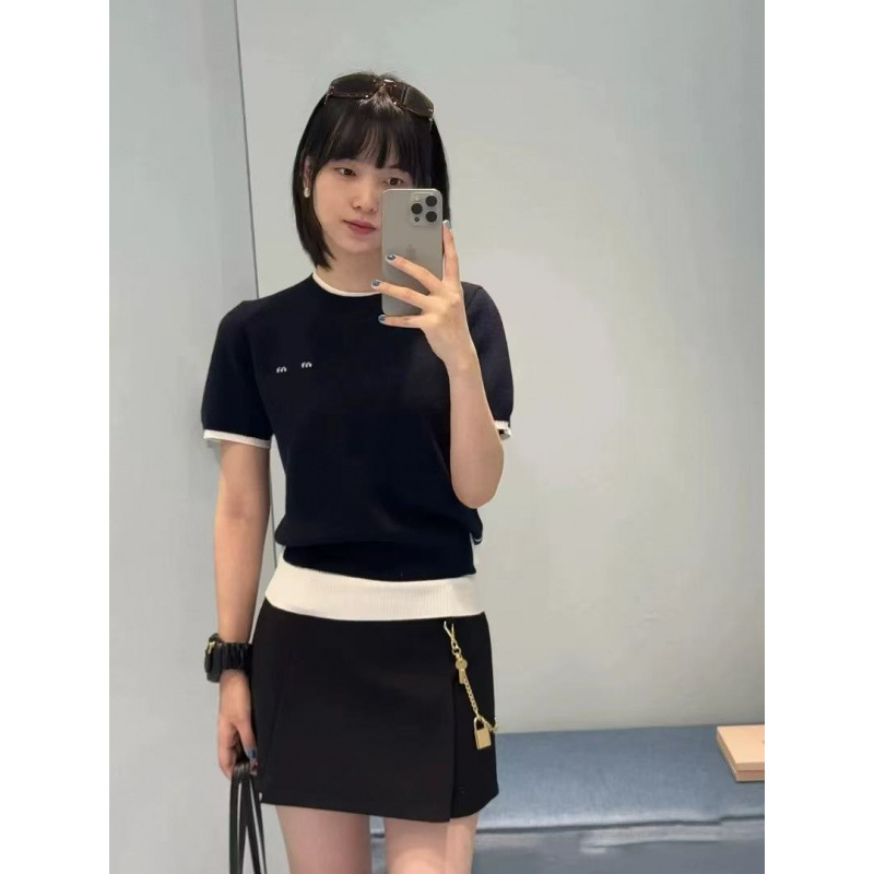 Nanyou Miu25 Spring Logo Letter Jacquard Versatile Slimming Look Fake Two-Piece Round Neck Wool Knitwear Top for Women
