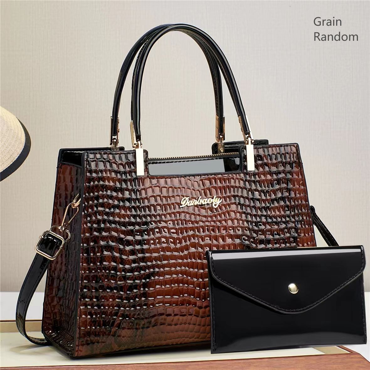 Bolso de Mano y Hombro de Gran Capacidad para Mujer de PU Charol con Estampa de Cocodrilo para Uso Diario