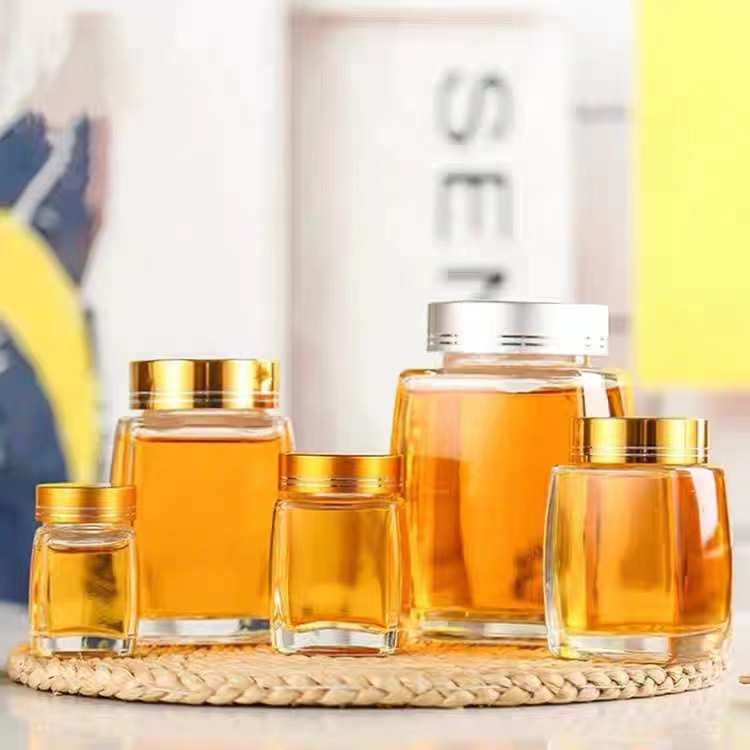 现货批发四方精白料高档蜂蜜瓶 一斤装蜂蜜瓶燕窝瓶带盖木纹氧化