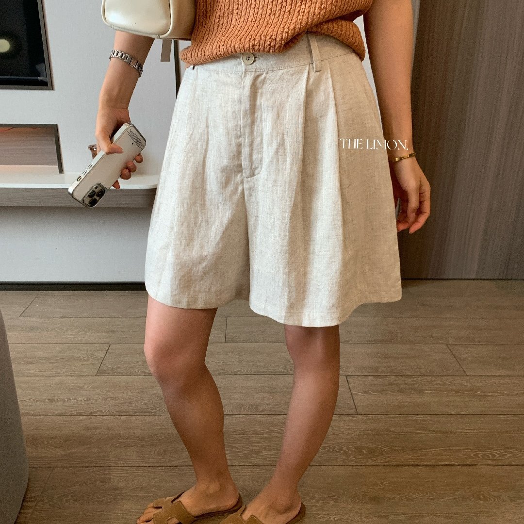 Quần short nữ cạp cao chất liệu tencel linen phối sợi, dáng suông rộng, tôn dáng, phong cách old money — màu sắc, Màu cà phê, màu trắng, Xanh da trờicolor