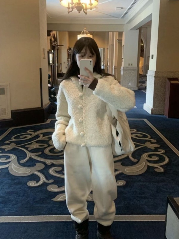 现 howus圈圈纱羊毛连帽开衫韩国设计师女装奶白色韩系毛衣外套|undefined