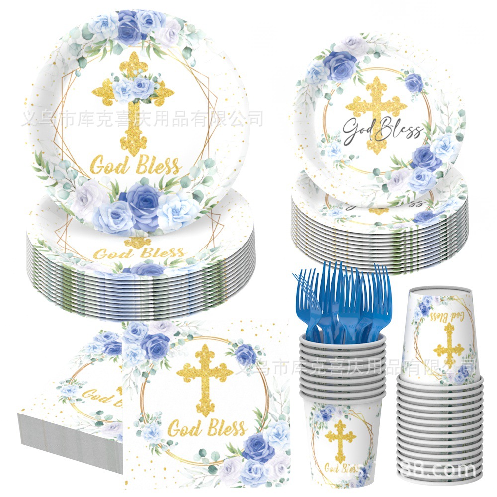 Bautismo azul bandeja de papel cubiertos Dios bendiga bebés eucaristía bandeja de papel desechable taza de papel set decoración de fiesta