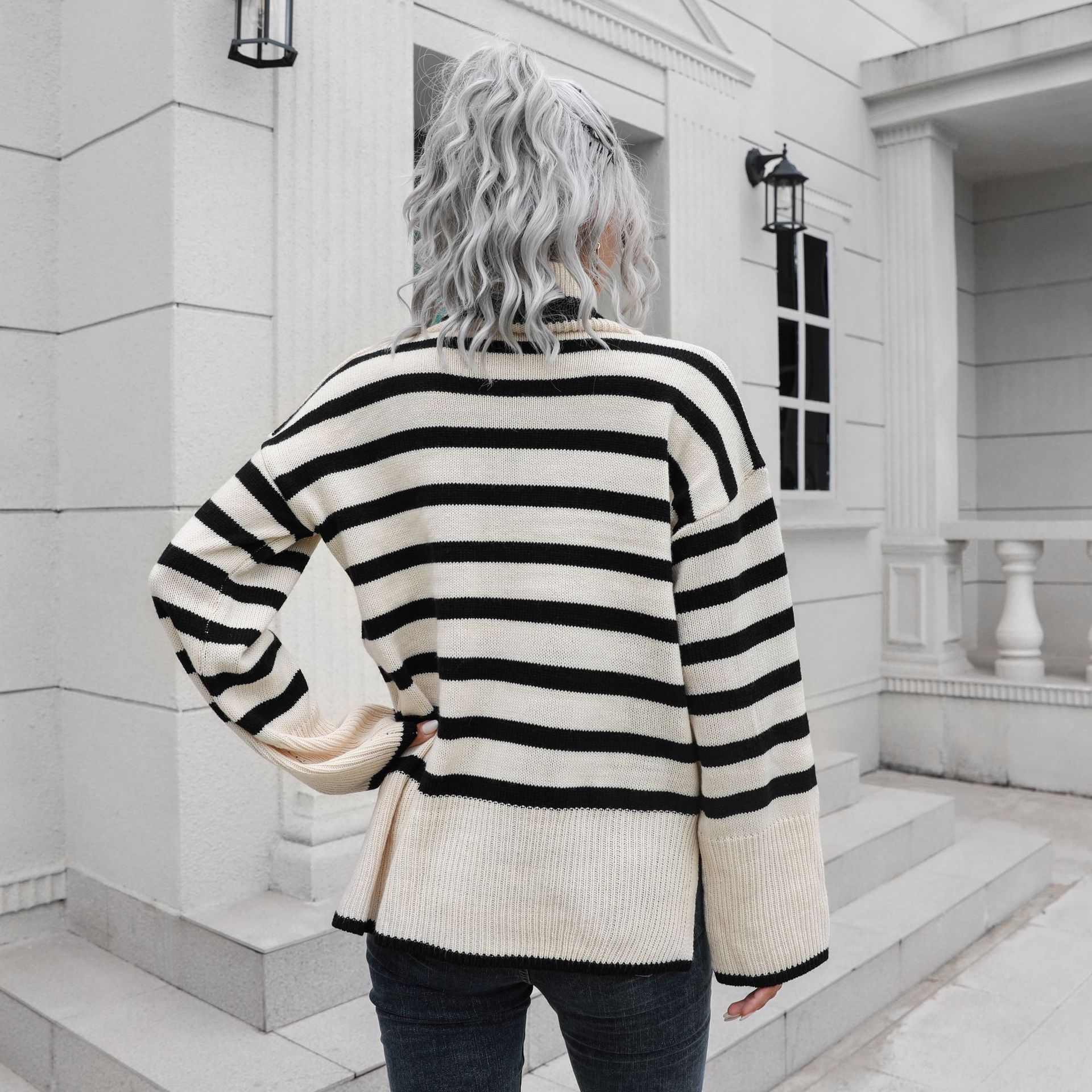 Popular Striped Bottom Slit High Collar Mid Length Women Loose Fall Winter Sweater 10 Popular Striped Bottom Slit High Collar Mid Length Women Loose Fall Winter Sweater
