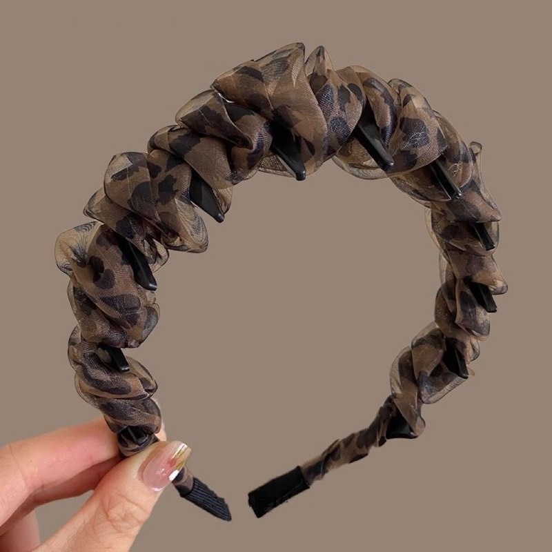 レトロヒョウ柄歯コームヘアバンド女性用、新しいメッシュ高頭蓋顔見せ小さなヘッドバンド、髪の隙間や切れ毛をカバーするヘアピン|undefined
