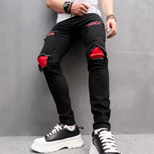 Foreign trade men's jeans casual slim cross-border men's wear ripped patch stretch wear-resistant men's pants