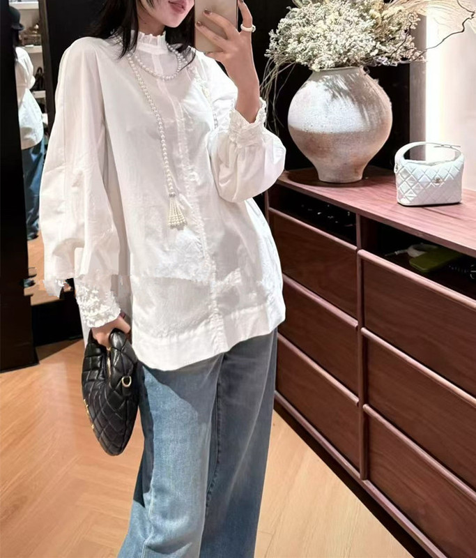2025秋款百搭棉白衬衫设计感花瓣立领和花边袖减龄小衫长袖不退换|undefined