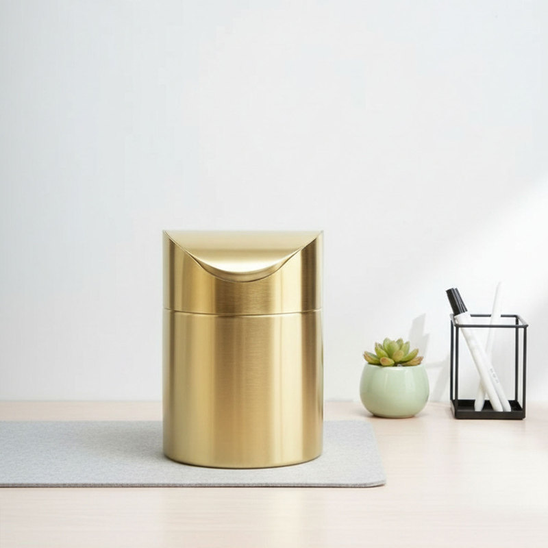 Golden Desktop Trash Bin 304 Stainless Steel Creative Storage Tube Light Luxury Trash Bin with Lid Mini small size Trash Bin