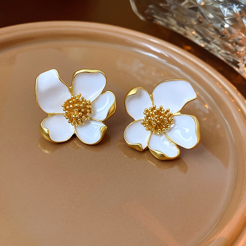 中古vintage珐琅花朵耳环复古宫廷风耳钉精致夸张耳饰设计感小众|undefined