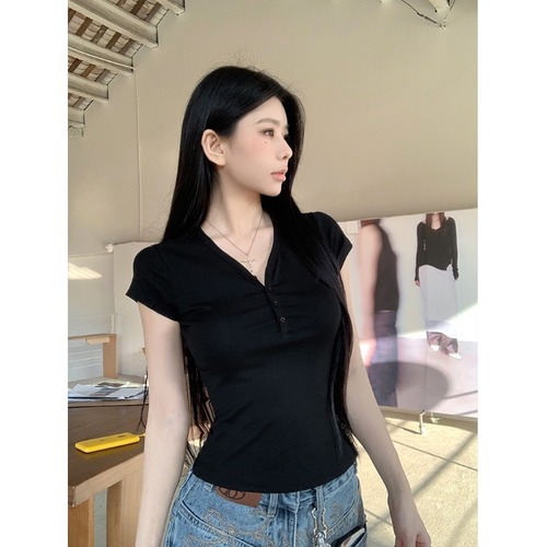 American retro V-neck button short-sleeved T-shirt for women in summer new pure and versatile slim fit and slim inner base top