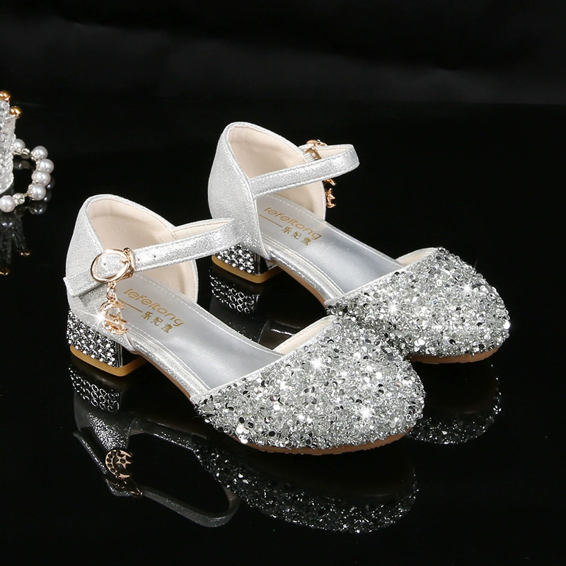 Обувь принцессы для девочек Белоснежка на мягком фоне кожаные туфли для маленьких девочек серебряное сценическое платье хрустальные туфли для детей на высоких каблуках