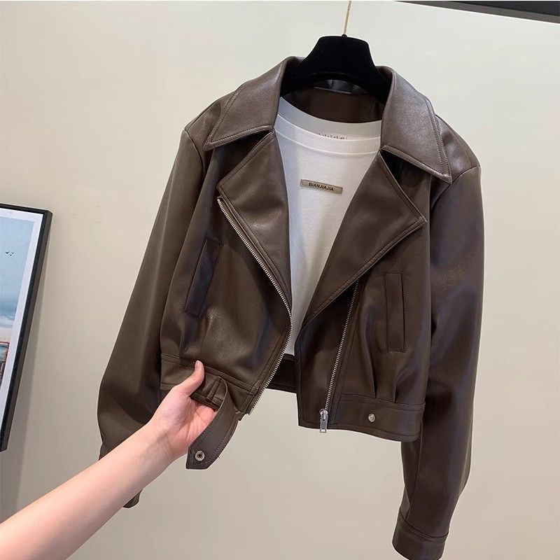 Short Leather Jacket for Women, Spring and Autumn Fashion, Slim-Fit Leather Coat, Stylish Turn-Down Collar, Petite Pu Leather, Slimming Versatile Jacket