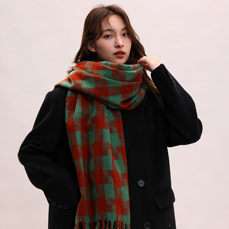 Sciarpa a quadri da donna autunno inverno sensazione avanzata spessa e calda collo frangia versatile studente moda INS_voghion.com
