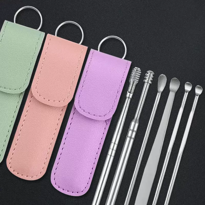 高品质挖耳勺皮套6件套螺旋式弹簧耳朵清洁器掏耳勺采耳工具六件