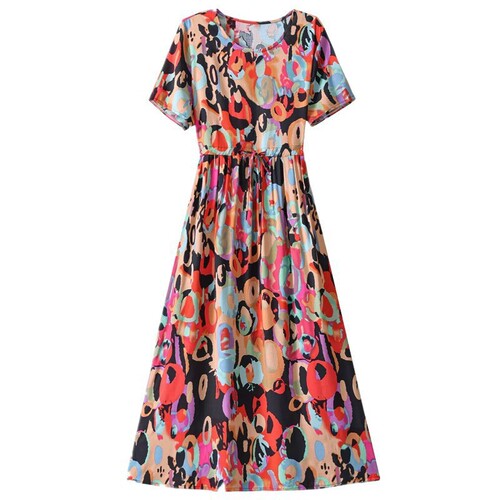 Women's Cotton Silk Dress for Middle-Aged and Elderly, 40-50 Years Old, Mother's Summer Short Sleeve Loose Medium Length Artificial Cotton Skirt