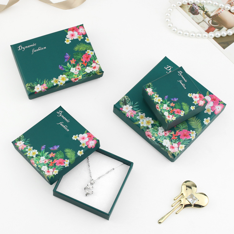 ins风热带花墨绿首饰盒耳饰戒指项链饰品包装纸盒2厘米高彩色印刷