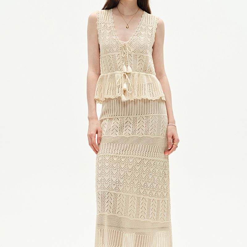 French-Style Retro Waist-Cinching Crochet Hollow-Out Design Lace-Up Knit Cardigan Korean Versatile Top Two-Piece Long Skirt Set