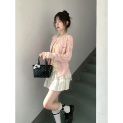 韩系甜美温柔粉色假两件针织开衫半身裙减龄百搭毛衣外套套装女