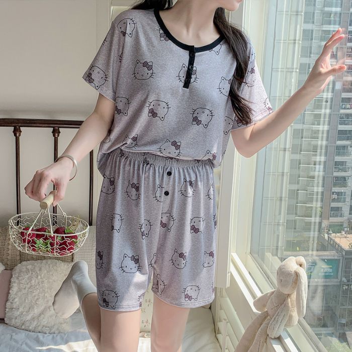 Con almohadilla para el pecho, hilo de seda de hielo de verano, cuello redondo, pantalones cortos de manga corta, pijamas, traje dulce y lindo para niñas, servicio a domicilio