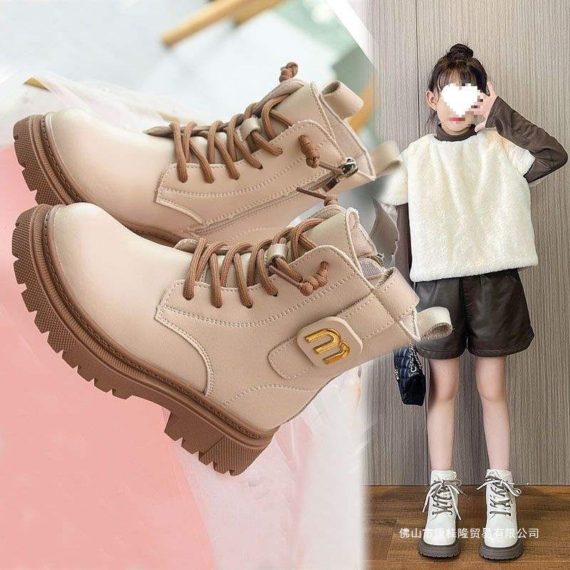 Girls' Short Boots, Boots, 2025 Autumn and Winter New Kidsren's Shoes, Fashionable Velvet British Style Leather Boots for Middle and Large Kidsren