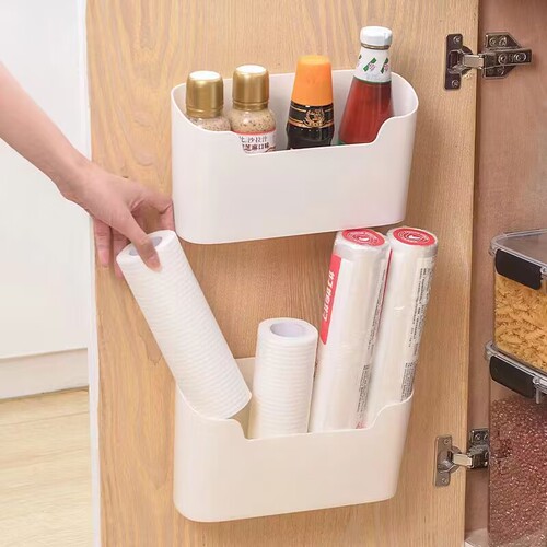 Wall-mounted storage box for the inside of kitchen cabinet doors—no-drill design; cling-film holder for kitchen cabinets; shelf for bathroom and toilet.