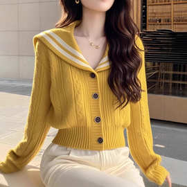 2025秋季新款小香风毛衣女外穿洋气高端别致黄色海军领针织衫上衣