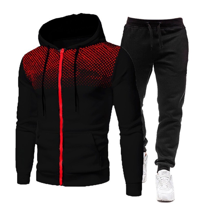 Cross-Border 2025 New Polka Dot Printed Zipper Hooded Sweatshirt Suit Men's Sports Sweatshirt and Sweatpants Export Clothing