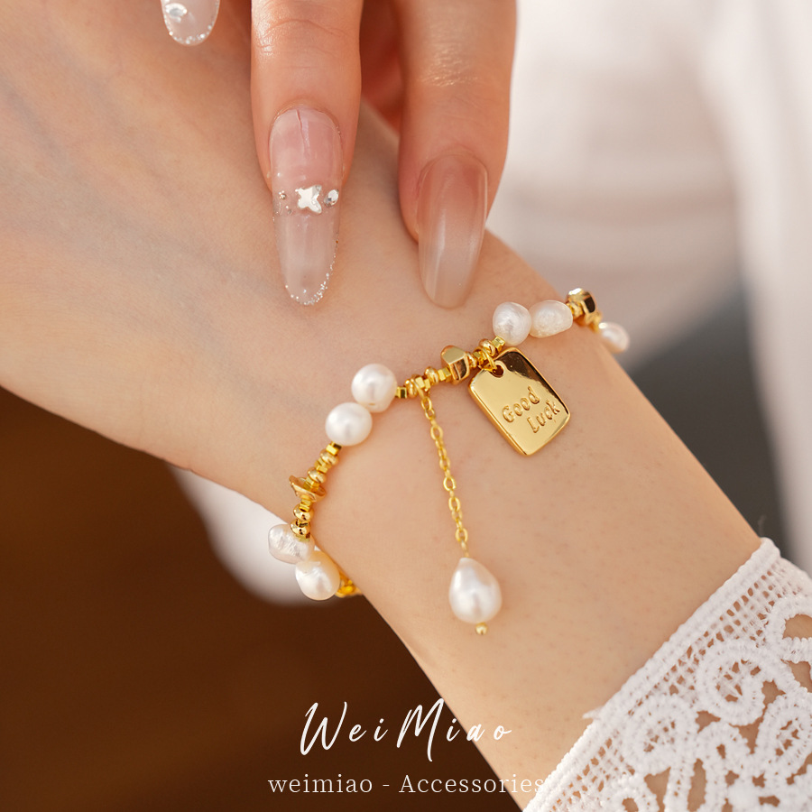18k oro real chapado pulsera de perlas cuadradas lujo ligero pulsera de alta sensación diaria universal nicho personalidad joyas de mano mujer