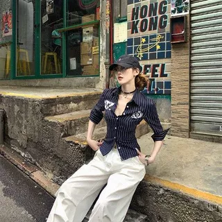 美式复古vintage条纹衬衫短袖情侣装夏季设计感小众穿搭显瘦上衣