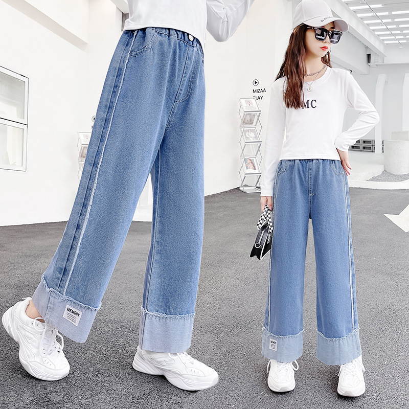 Children's clothing, girls' jeans, spring and autumn styles, large children's casual wide leg pants, girls' foreign style, children's loose fitting girls' pants