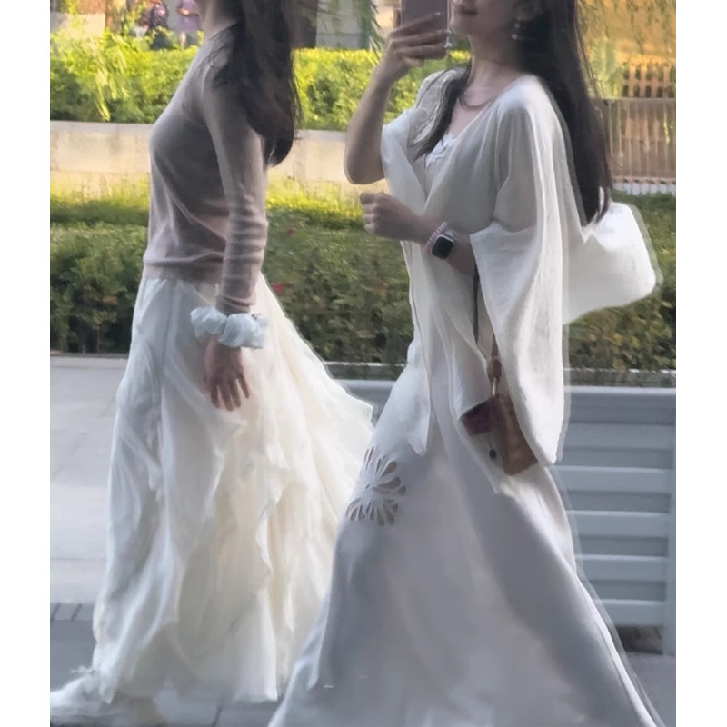 【フラワーガール】フレンチスタイルワンピース、透かし刺繍、妖精ショールシャツ、ツーピースセット、OOTDコンプリートセット|undefined