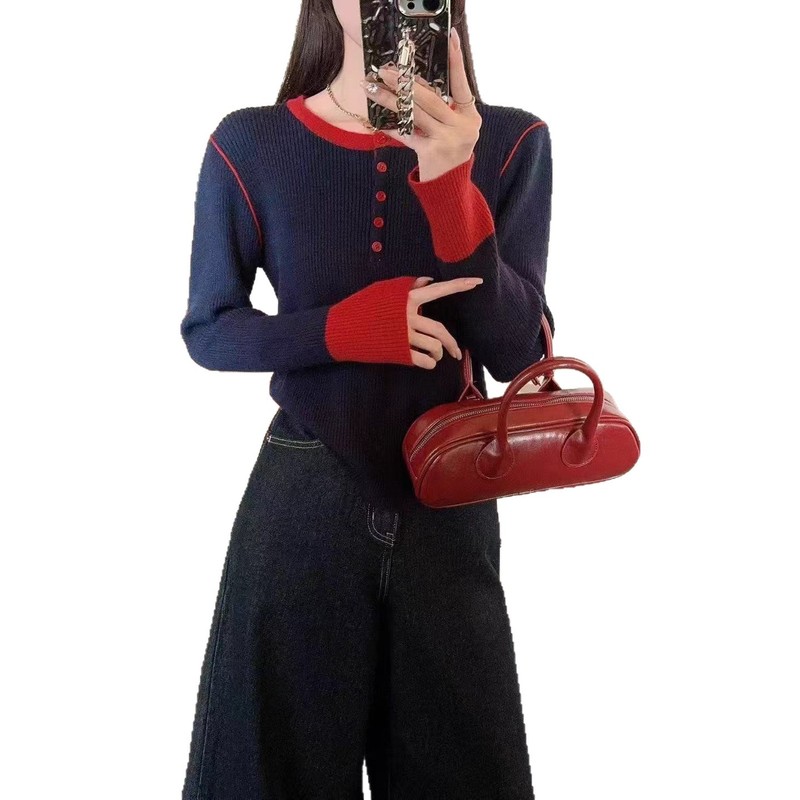 拼接撞色毛针织衫女2025年秋冬季新款休闲显瘦洋气内搭打底衫上衣|undefined
