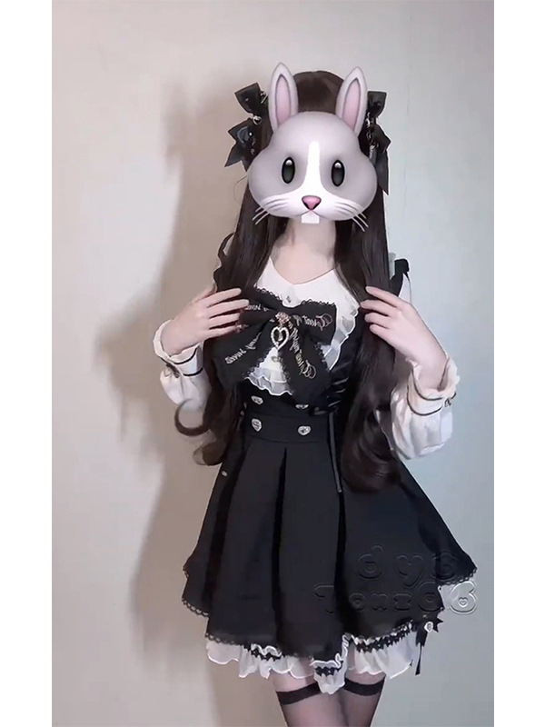 少女感减龄学院风拼接长袖连衣裙重工木耳边短裙秋季显瘦两件套装|undefined