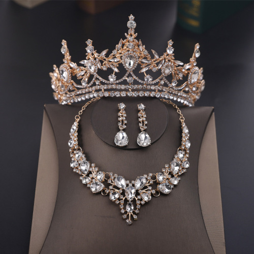 Cross-border luxury bridal jewelry three-piece set wedding crown tiara necklace earrings set wedding dress accessories