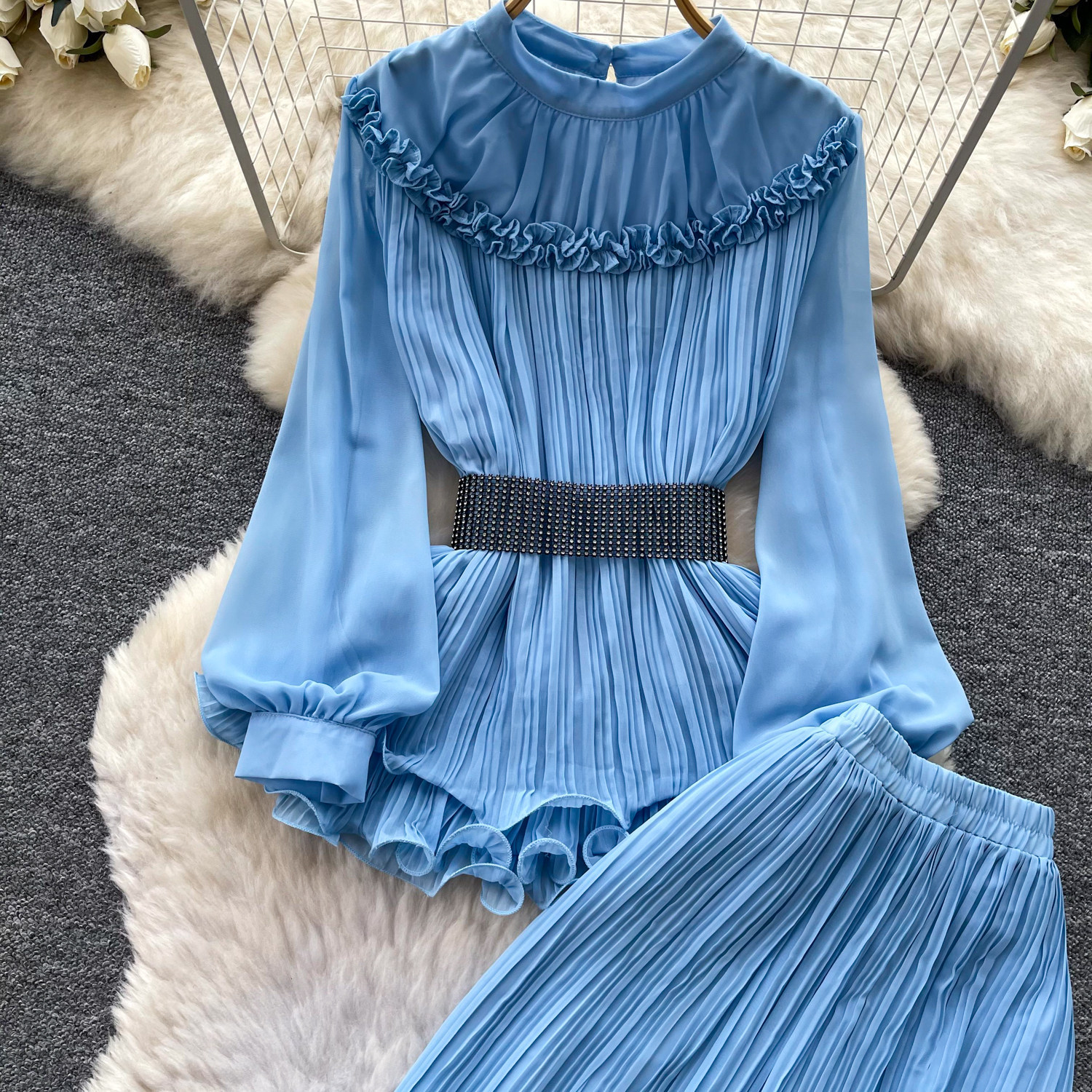 French Office Style Purple Lantern Sleeve Belted Ruffle Midi Dress For Women | Autumn Elegant Two-Piece Set_ecoleips.com