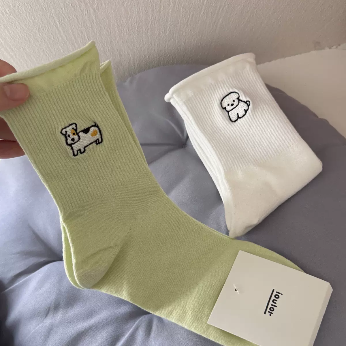 IOULOR彩色可爱小狗无骨袜新款春秋袜子百搭卡通日系卷边舒适棉袜