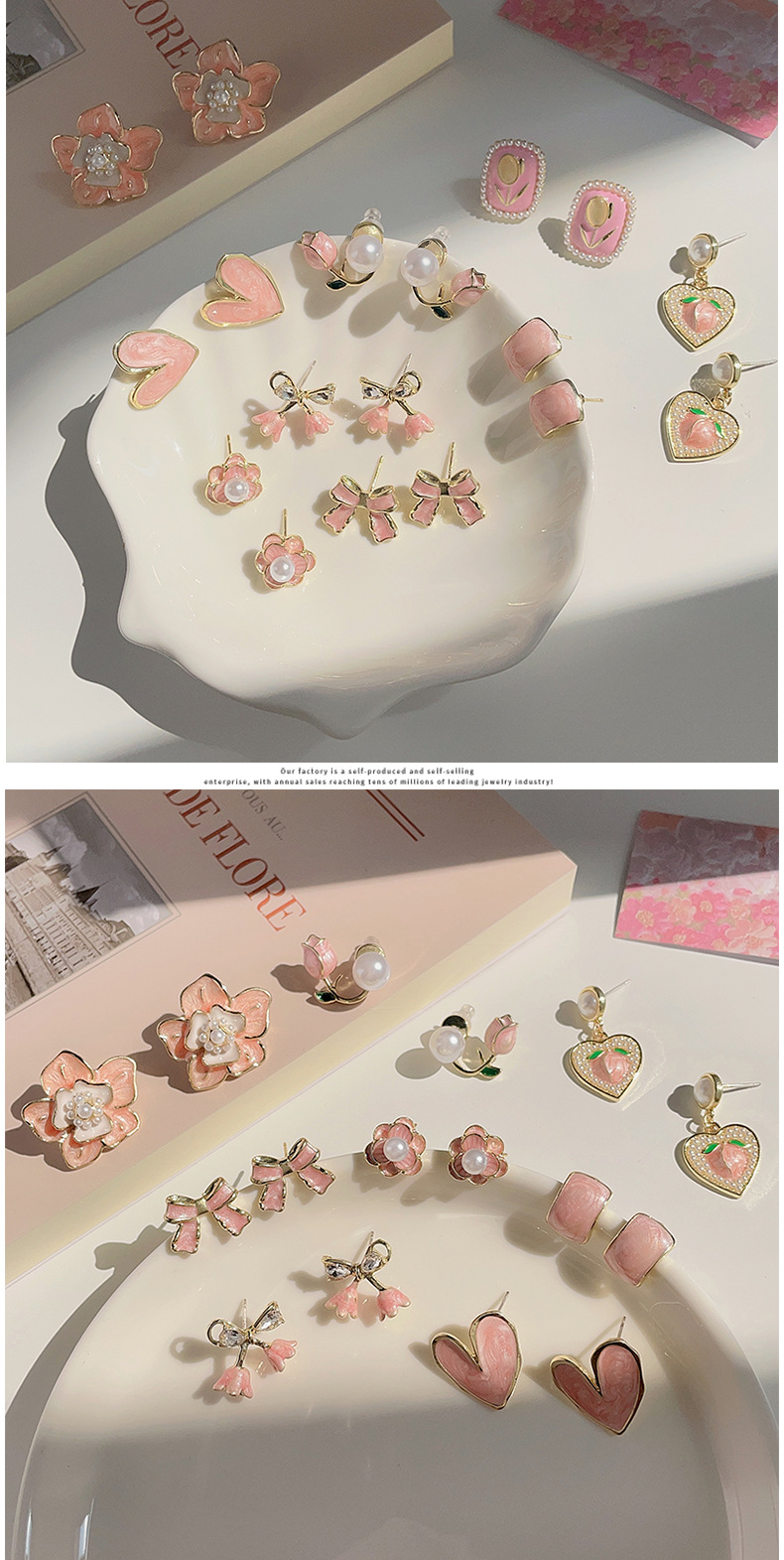 Daily Occasion Alloy Material 1 Pair Sweet Heart Shape Flower Bow Knot Enamel Inlay Alloy Pearl Ear Studs