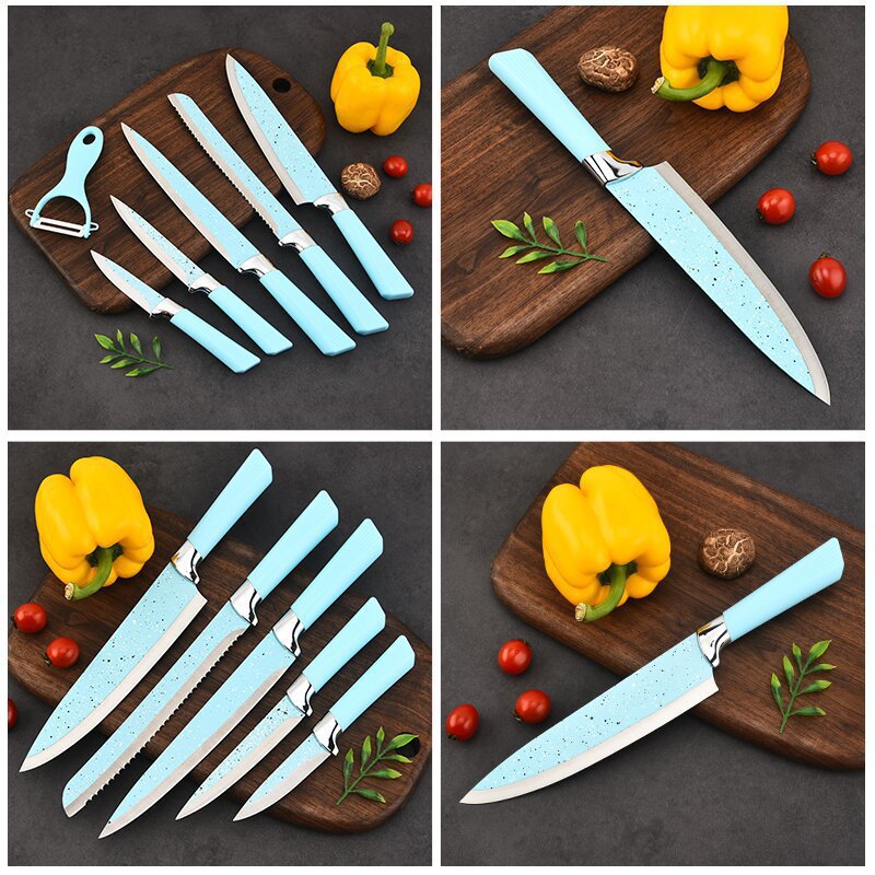 Fábrica de acero inoxidable de color Punto de pulverización vietilla mango cuchillo de seis piezas cuchillo de cocina melón cepilladora cuchillo de cocina traje al por mayor