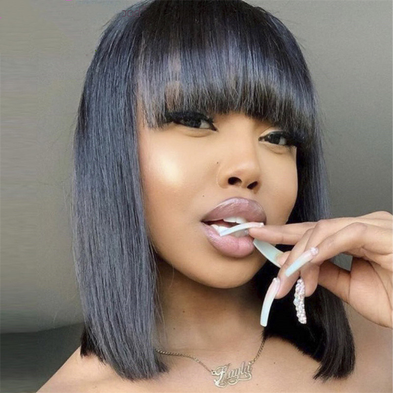 Peluca sintética con flequillo bobo de longitud media, pelo corto para mujer, conjunto completo_voghion.com