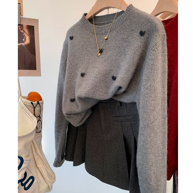 灰色针织衫爱心毛衣女秋冬冬季加厚软糯慵懒风欧货内搭针织打底衫