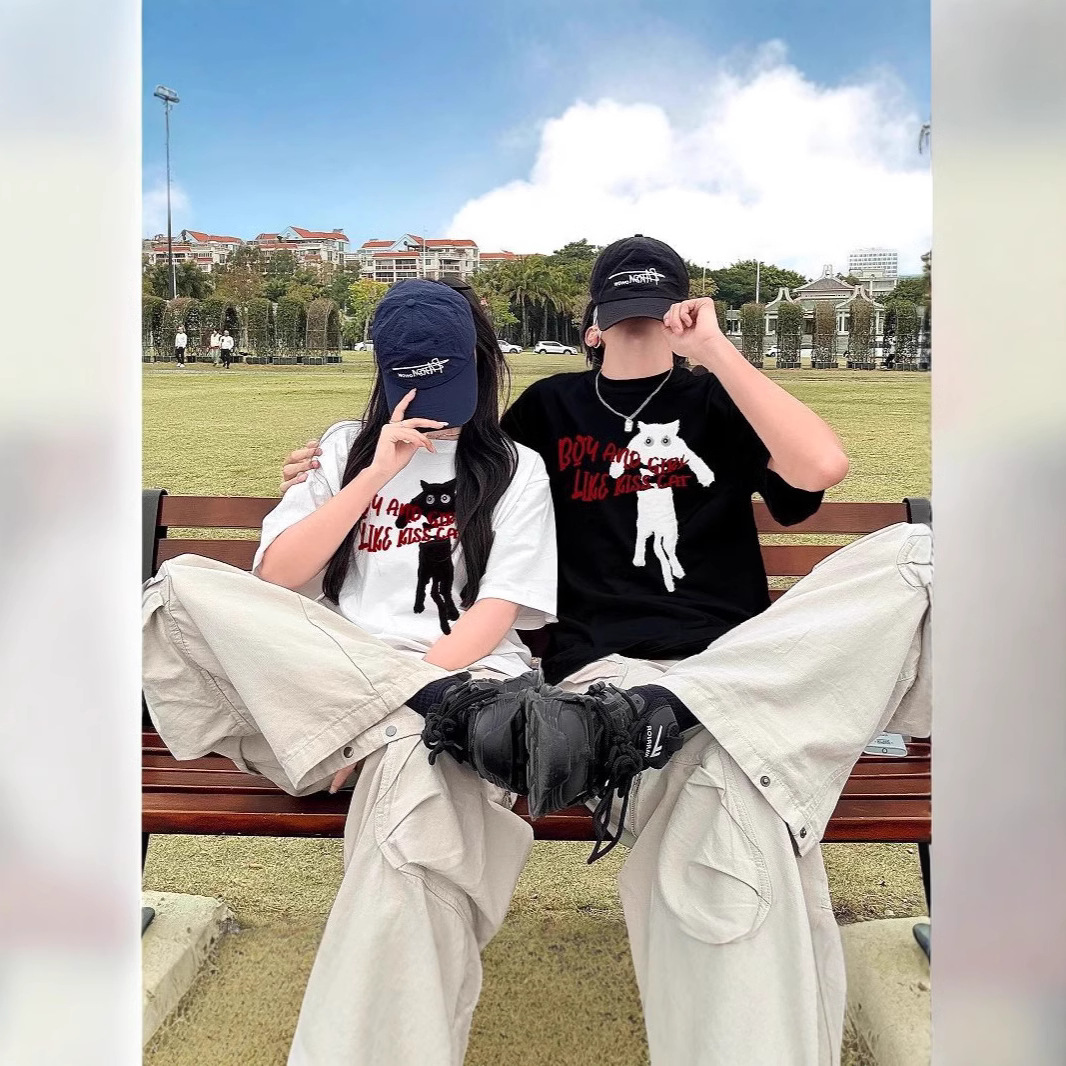 季情侣国潮牌高街复古美式韩版上衣复古字刺绣短袖T恤男女绣花夏