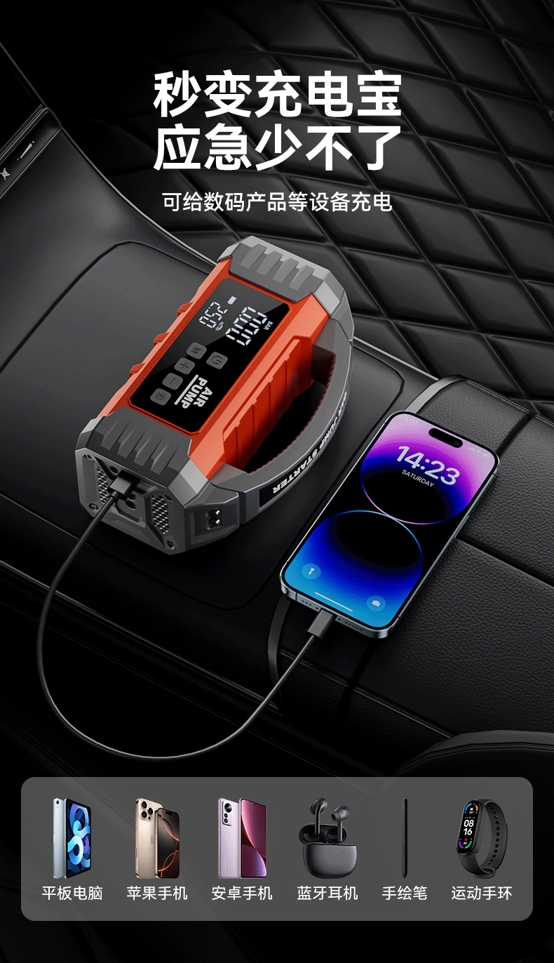 Car-mounted air pump and emergency power supply all-in-one device, portable tire inflator, battery jump starter power bank