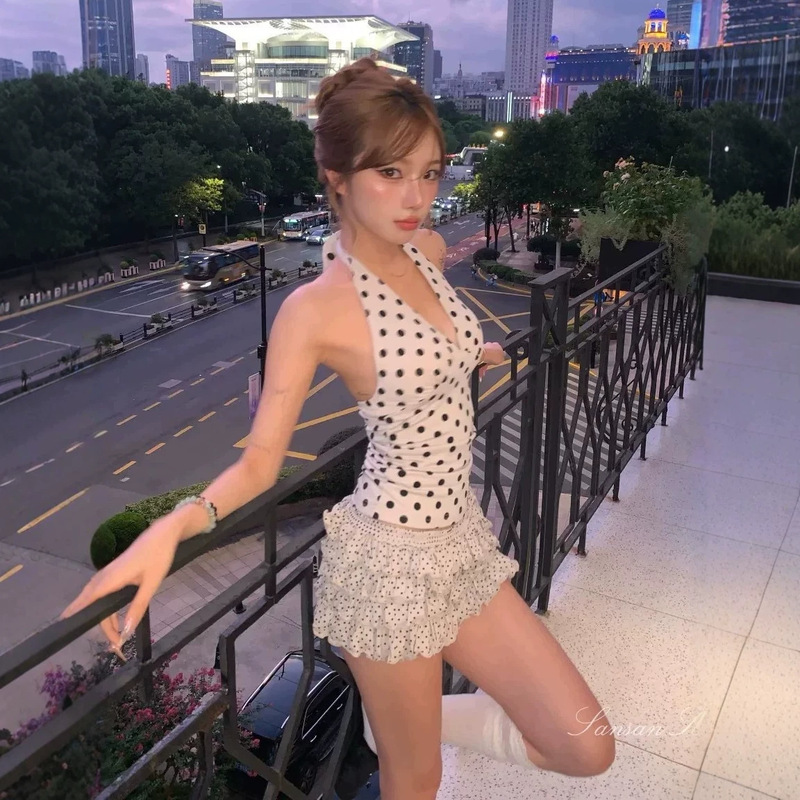 Blogger's Same Style American Retro Polka Dot Ruffle Layered Mini Cake Skirt Shorts