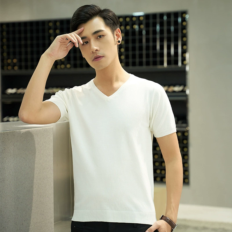 Свитер с коротким рукавом, мужской Простой повседневный летний свитер с V-образным вырезом и круглым вырезом, тонкая Базовая футболка для молодых мужчин
