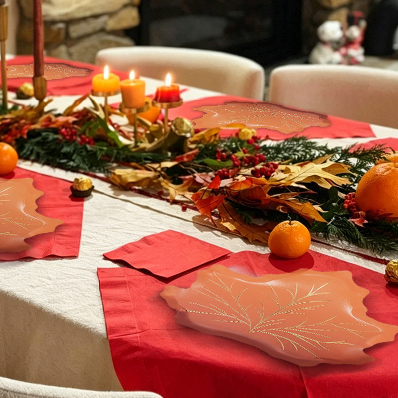Cross-Border Autumn Maple Leaf-Shaped Disposable Paper Plates with Gold-Stamped Leaf Vein Design, Thanksgiving Harvest Festival Party Tableware