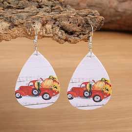 亚马逊新款秋日皮耳环欧美感恩节南瓜小汽车简约女PU耳坠批发饰品