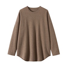 100%纯山羊绒衫女卷边圆领宽松慵懒风中长款毛衣针织衫2025秋冬款